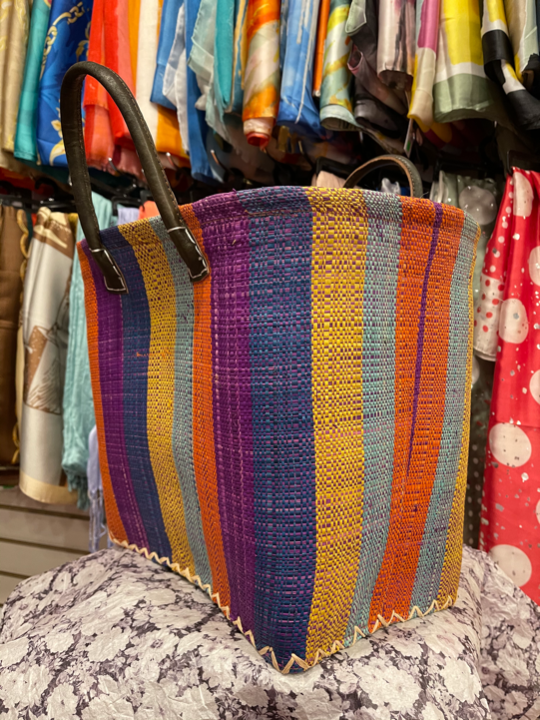Authentic African Hand Made HUNDRED PERCENT RAPHIA Hand Bags in Purple Orange Bold Stripes