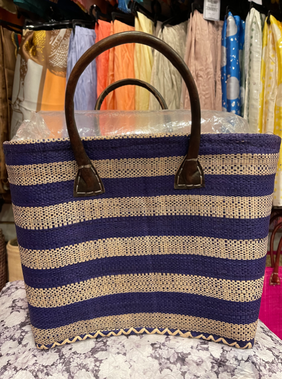 Authentic African Hand Made HUNDRED PERCENT RAPHIA Hand Bags-Blue Natural Bold Stripes - elegance nyc