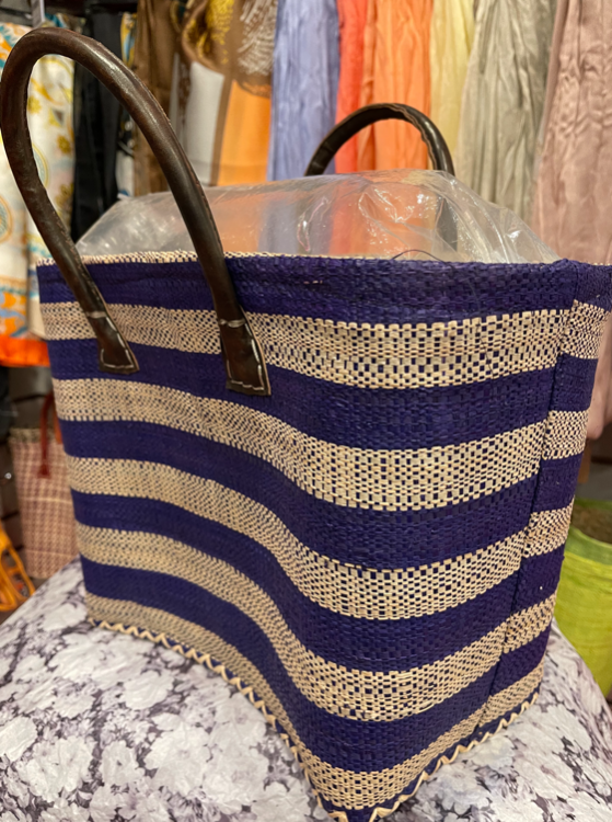 Authentic African Hand Made HUNDRED PERCENT RAPHIA Hand Bags-Blue Natural Bold Stripes - elegance nyc
