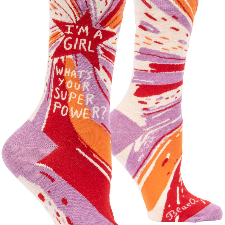 BLUE Q- I'M A GIRL, WHAT'S YOUR SUPERPOWER? WOMEN CREW SOCKS - elegance nyc