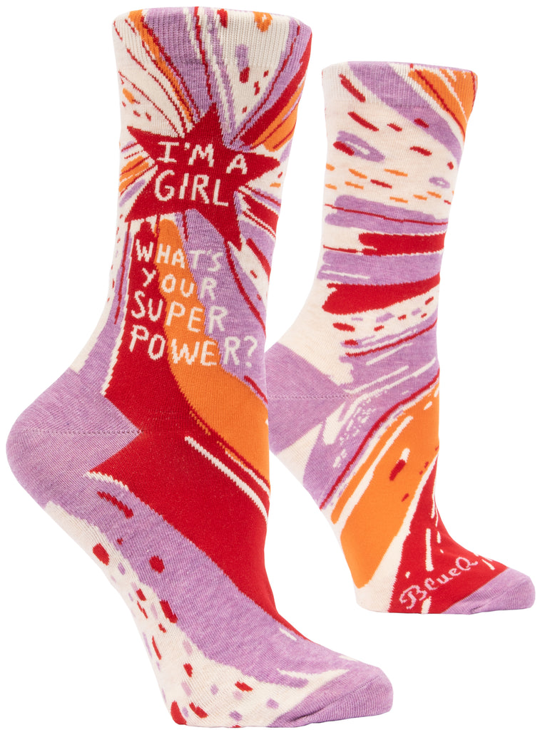 BLUE Q- I'M A GIRL, WHAT'S YOUR SUPERPOWER? W-CREW SOCKS - elegance nyc