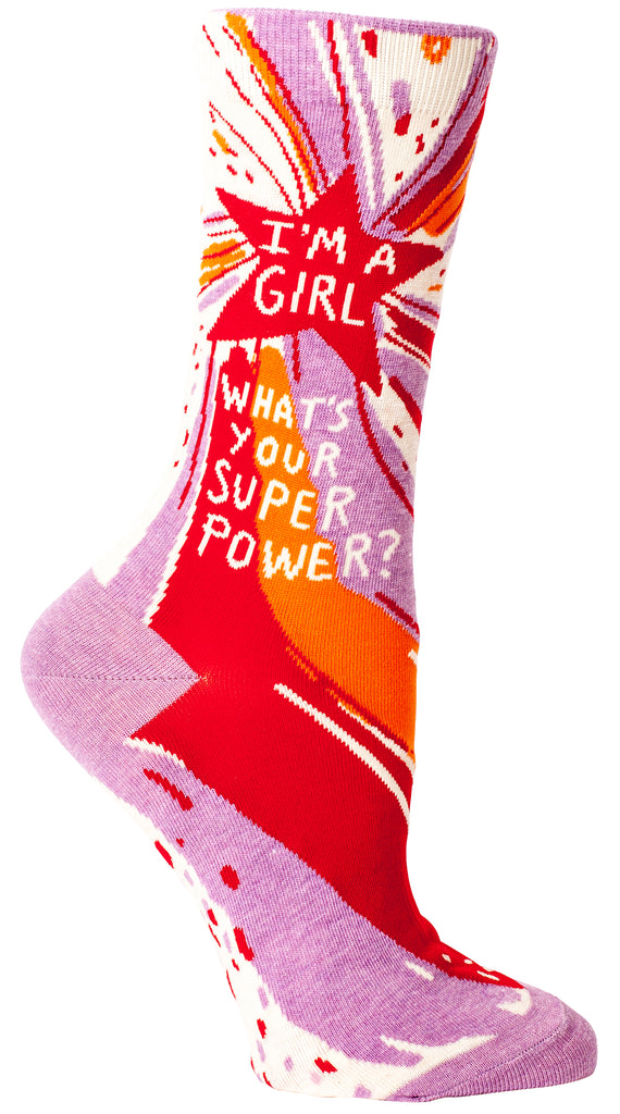 BLUE Q- I'M A GIRL, WHAT'S YOUR SUPERPOWER? WOMEN CREW SOCKS - elegance nyc