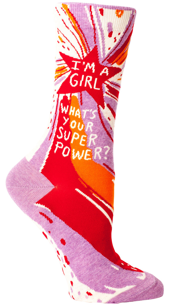 BLUE Q- I'M A GIRL, WHAT'S YOUR SUPERPOWER? W-CREW SOCKS - elegance nyc